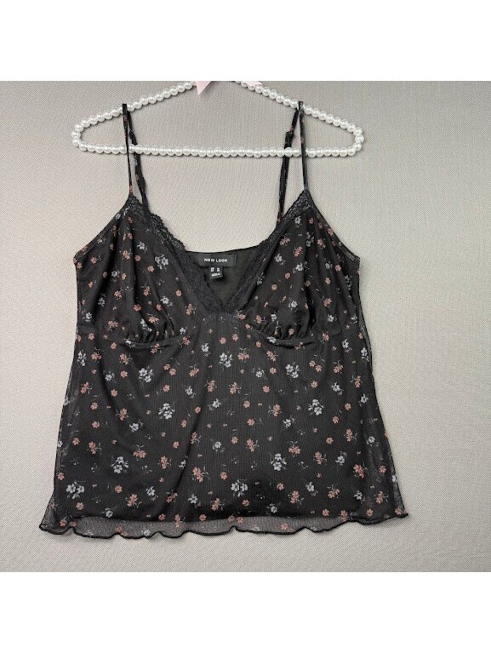 New Look Black Floral Lace Trim Cami Fairy Cottage Ditsy Florsl Tank Top US 10